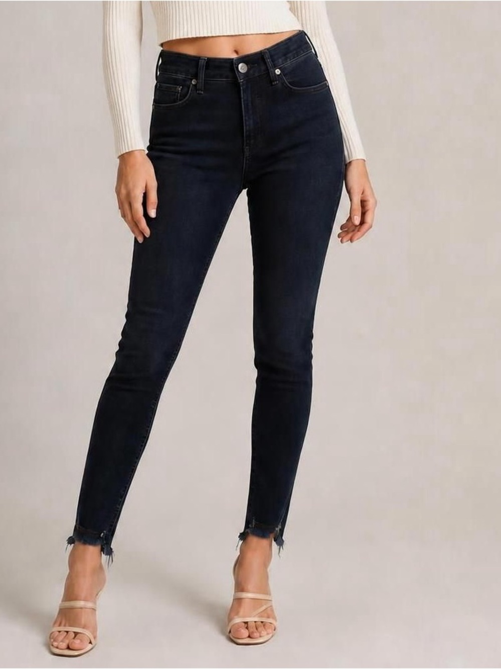 FRAME Le Skinny De Jeanne Black Cropped Jeans Raw Hem Size 26